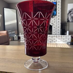 VNTG PartyLite Ruby Red Cut Glass L 13”Trumpet Vase Pedestal Geometric Cut Art